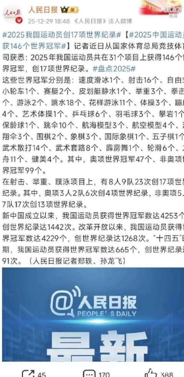 年终稿｜2025年中国体育健儿获得146个世界冠军